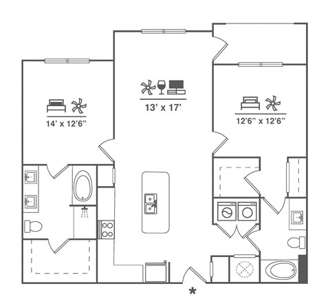 Floor plan for 2 beds, 2 baths, 1246 sqft